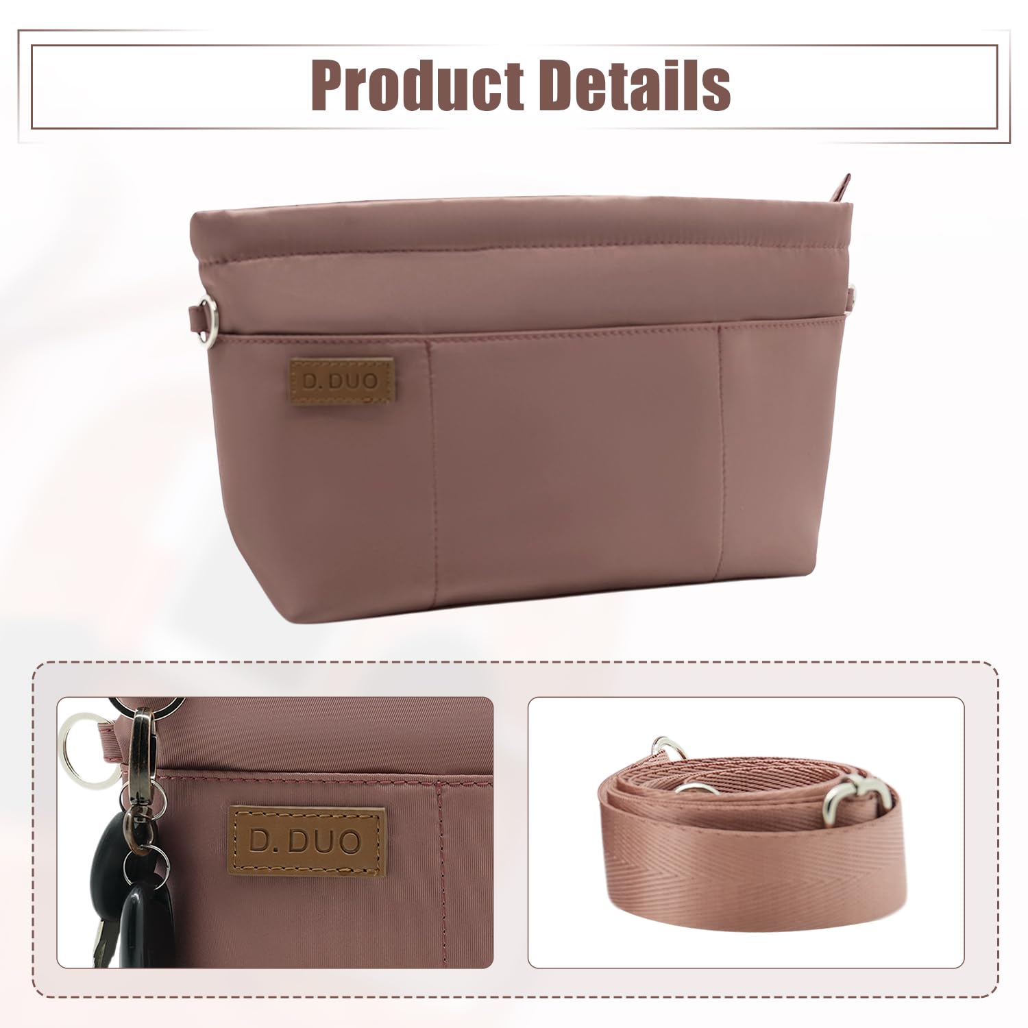 D.DUO Inserto organizer per borsa, borsa a tracolla, inserto organizer per tote con tracolla regolabile, inserti per borsa in nylon impermeabile (Rosa, M)