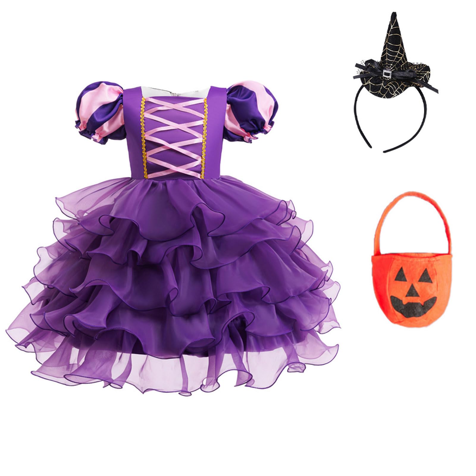 Halloween Kürbis Kostüm Hexenkostüm Kinder Tüllkleid mit Haarreif ＆ Tasche