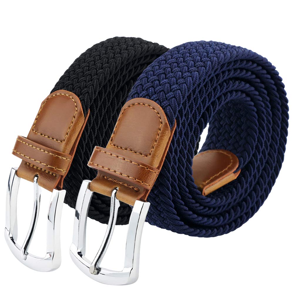 maikun Braided Elastic Stretch Woven Belt with Leather Tip Nickle Pin Buckle Black Khaki