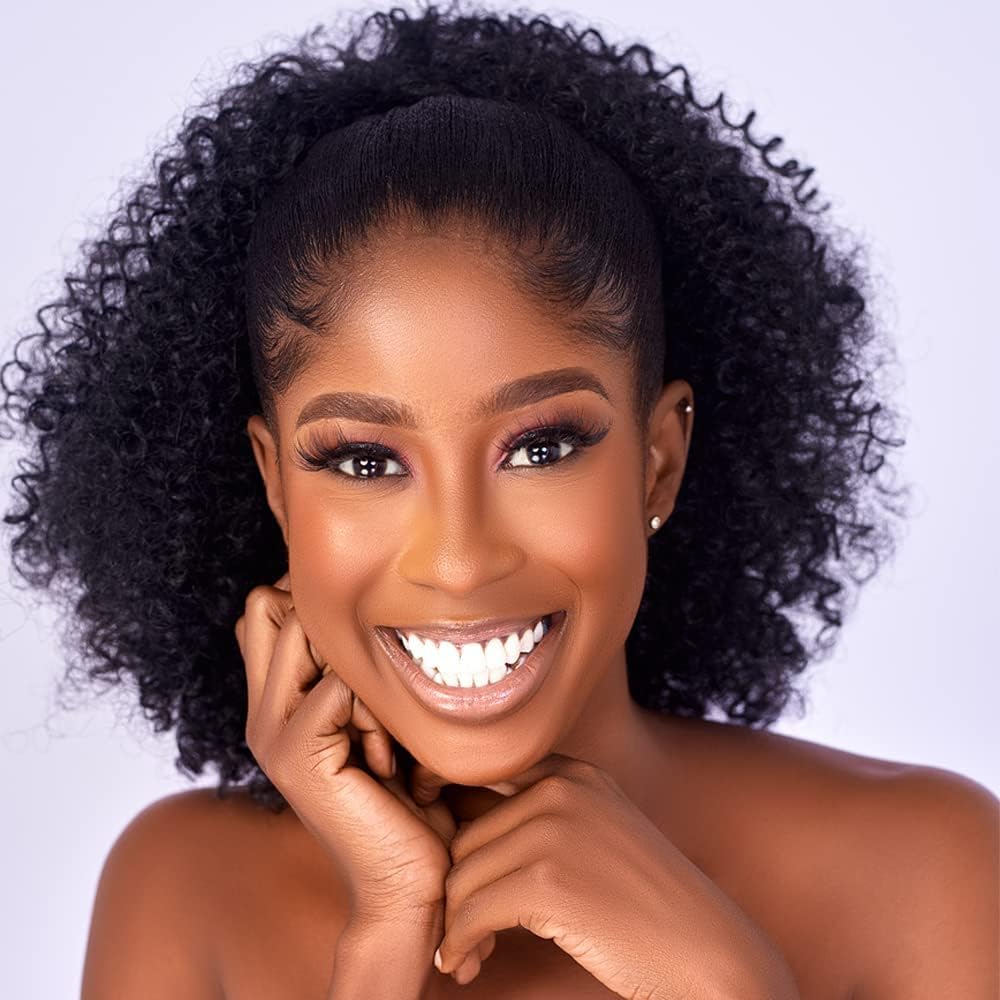 Afro Puff curly Drawstring Ponytail Extension for Black Women Synthetic Short Afro s Curly Afro Bun Extension Hairpieces Updo Hair Extensions with Two Clips(1B)