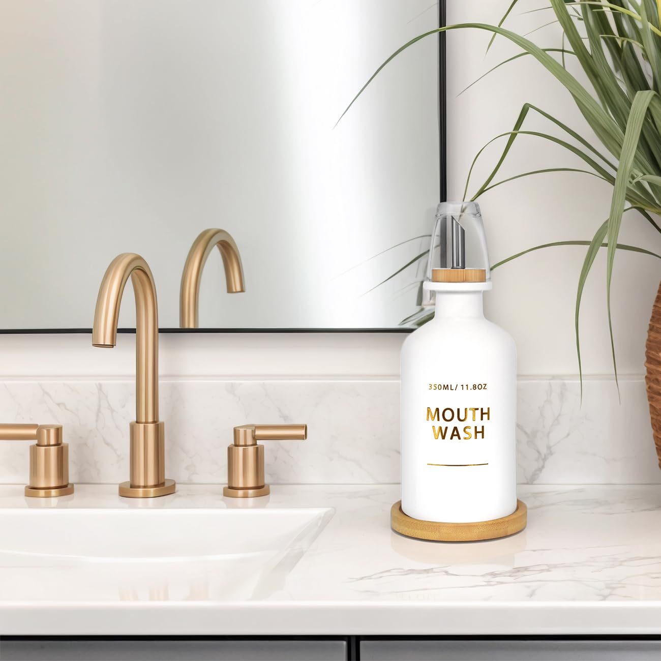Dispenser per collutorio da bagno 334,5 g, bottiglia di collutorio in vetro con tazza e vassoio in bambù, scritta dorata stampata a caldo, accessorio da bancone in stile nordico, accessori da bagno