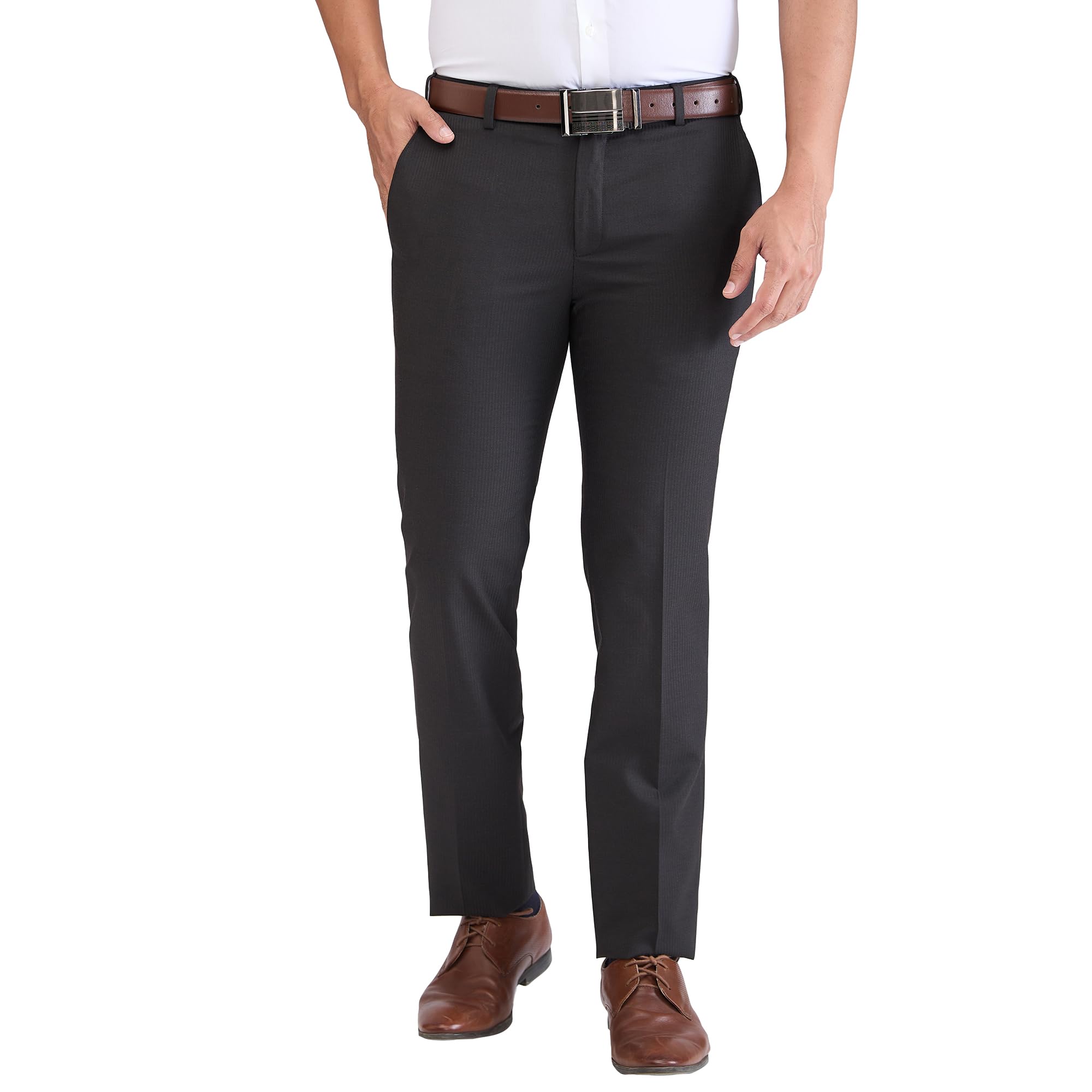 raymond Men Mid Rise Slim Fit Stripe Pattern Polyester Blend Flat Front Formal Trouser-picture-12