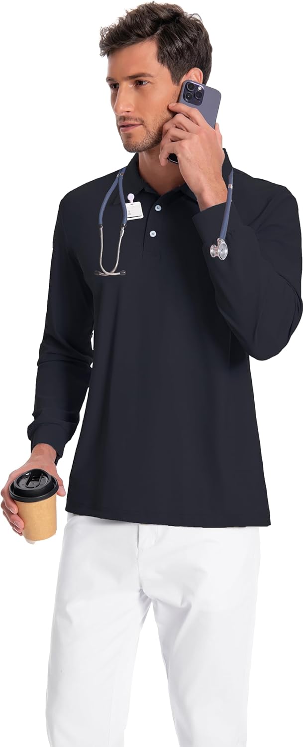 Scrub Shirt for Men Lab Medical Polo Nurse Doctor Stand Up Collared Long Sleeve Medicine Work Top - Image 4