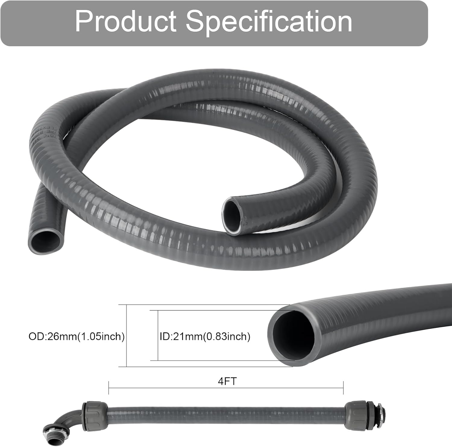 Electrical Conduit Kit 3/4'' 4FT Grey Electrical AC Whip Kit, Liquid-Tight Flexible Electrical Conduit with 90 Degree and Straight Connector Fittings