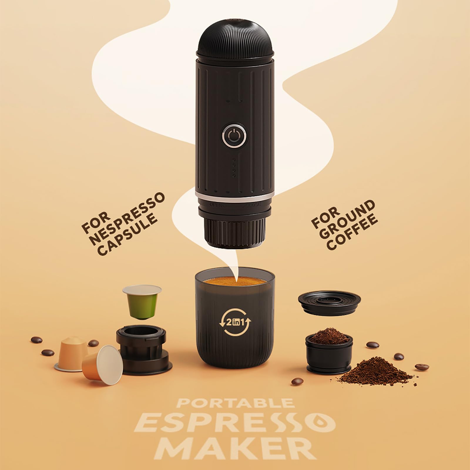 Cafetera Eléctrica Portátil para Viajes De Camping, Cafetera para Coche con Autocalentamiento Y USB-C, Café Molido a 19 Bares Y Cápsulas De Espresso N para Autocaravanas, Senderismo Y Oficina.