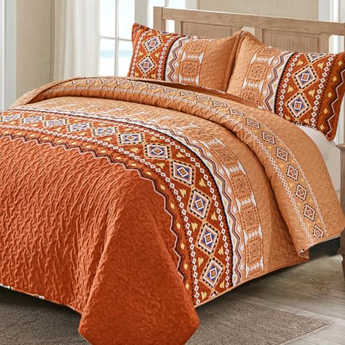 Juego de edredón bohemio tamaño Queen de 3 piezas, color naranja quemado, juego de colcha ligera con estampado geométrico con 2 fundas de almohada, juego de ropa de cama bohemio suave Queen de 90 x 96