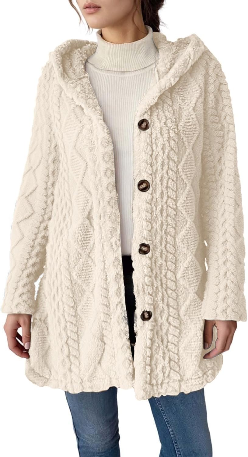 Fleece Jacket Women Casual Button Up Fuzzy Hooded Long Sleeve Cardigan Sweaters Warm Sherpa Lined Coat Outerwear