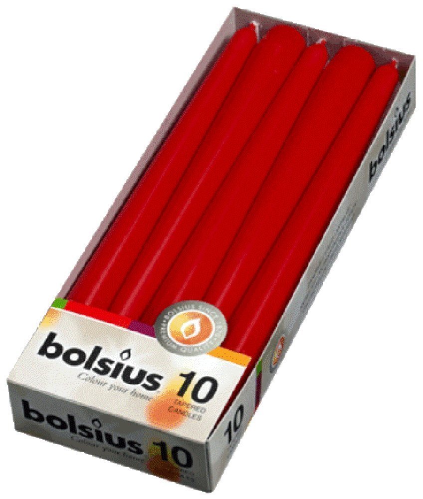 Bolsius 10 Red Non Drip Dinner Tapered Candles, 25cm, 7.5 hours