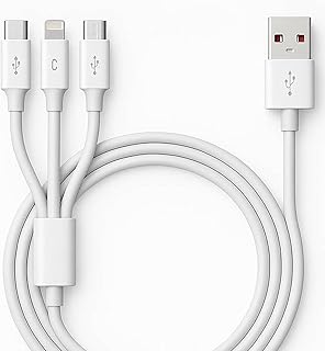 KM Technology Multi USB Cable 3 in 1 Braided Fast Charging 5A/120W - Smart Chip - Thicker Version Compatible with iOS 8 Pin/Micro/Type-C - Multi Fast Charging Cable (White)
