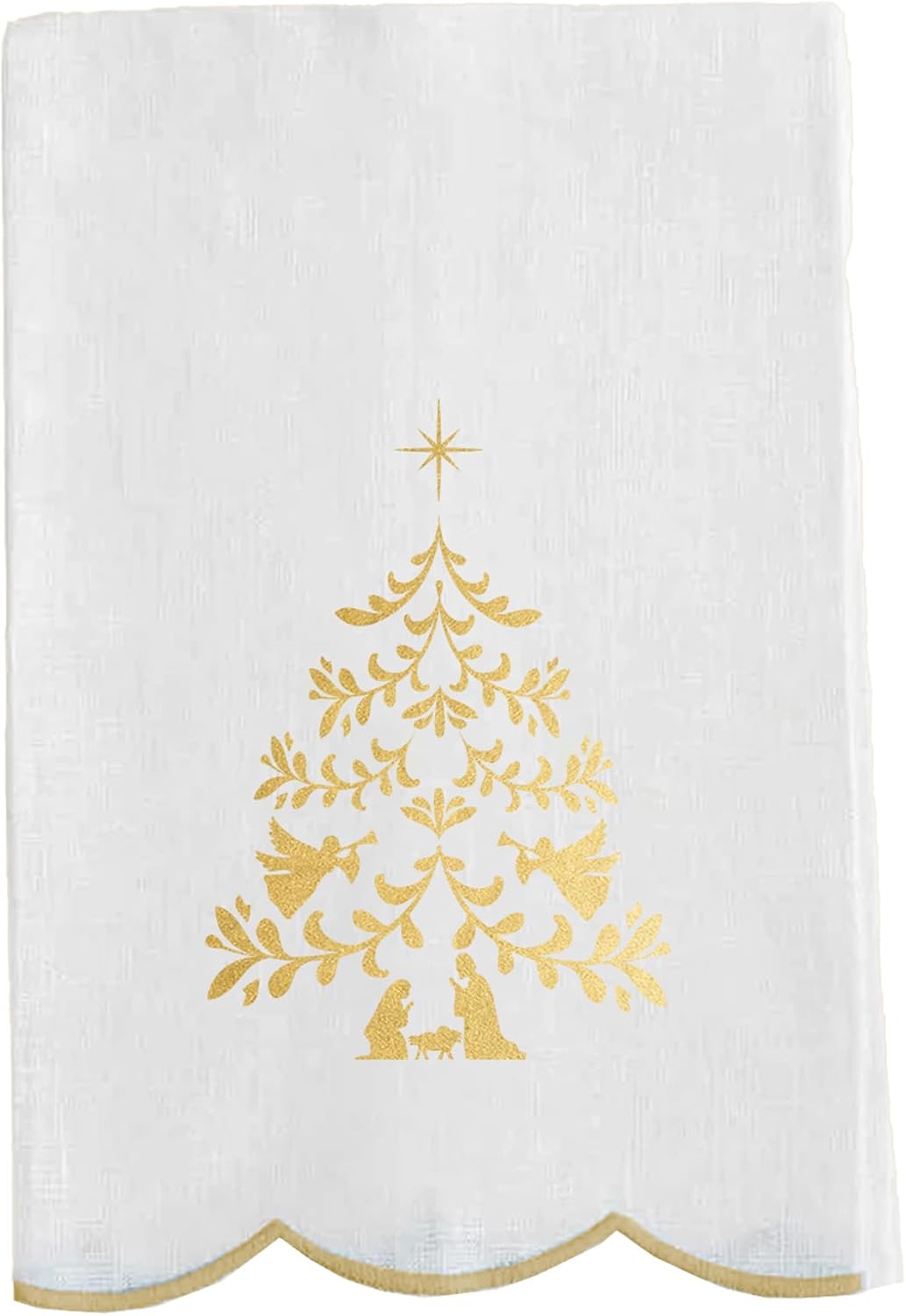 Mary Square Christmas Nativity Tree Scalloped Tea Towel White and Gold Tone 14 x 6.5 All Cotton Kitchen Hand Towel | Festive Holiday Home Décor & Giftable
