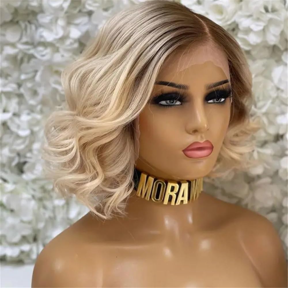 Ombre blond peruki damskie falowane peruki do ramion z linią włosów koronkowe wstępnie przycięte, środkowa część naturalna syntetyczna efekt naturalny i obszerna (14 cali)
