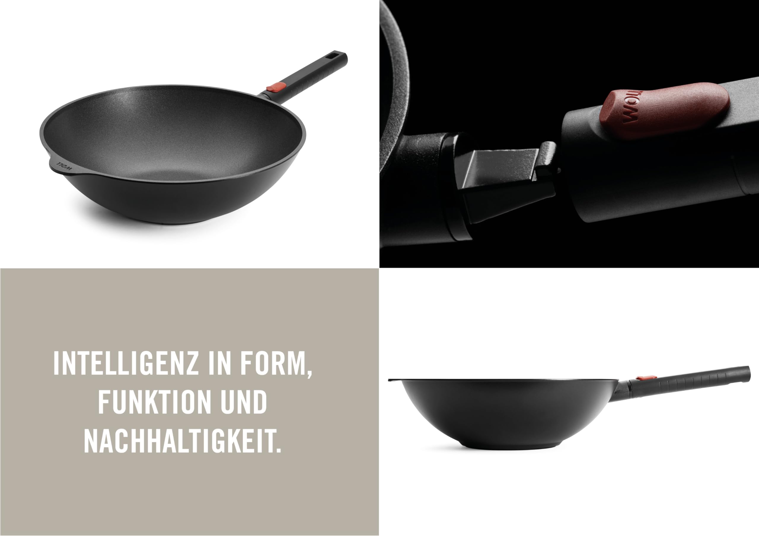 Woll Eco Logic QXR - Sartén para wok y agitador (inductiva, diámetro de 32 cm, 10 cm de alto, con mango extraíble, apta para todo tipo de cocinas, sin PFAS, revestimiento antiadherente, aluminio