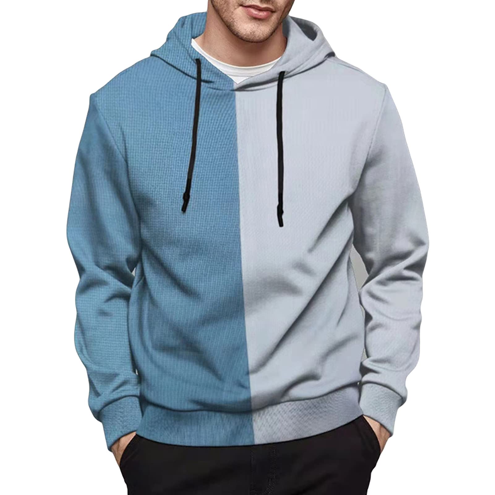 Maiyifu-GJ Color Block Hoodies for Men Casual Patchwork Gym Hooded Sweatshirt Long Sleeve Contrast Color Pullover Hoodie (Blue,Medium)