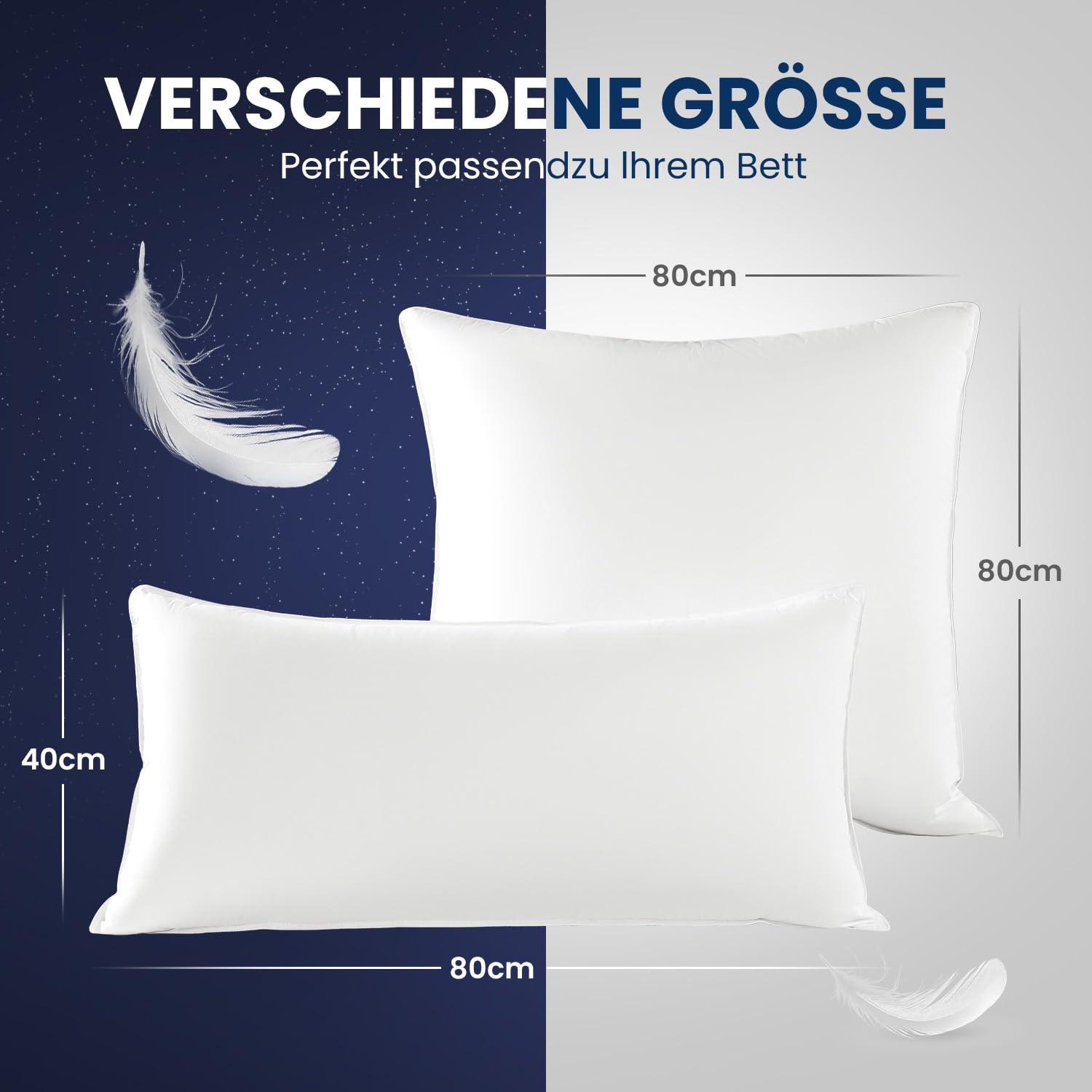 DEITAS Daunenkissen 40x80 cm Allergiker geeignet | waschbares Federkopfkissen mit Reißverschluss(Weiß,40x80 cm (1 Stück))
