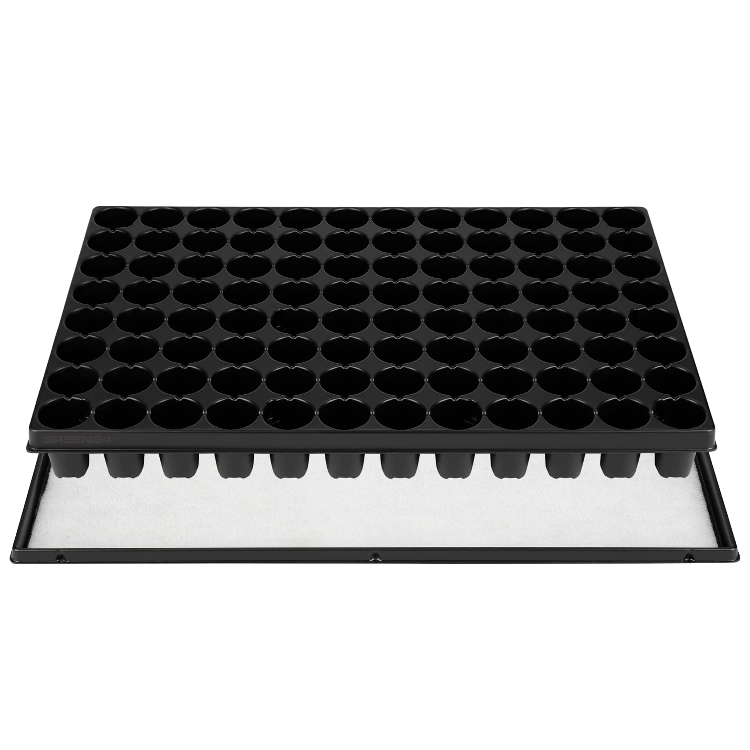 GREEN24 Anzucht-Set MP96 mit automatischer Bewässerung im Format 60 x 40 cm. Untersetzer + Kapillarmatte + Topfplatte mit 96 Töpfen