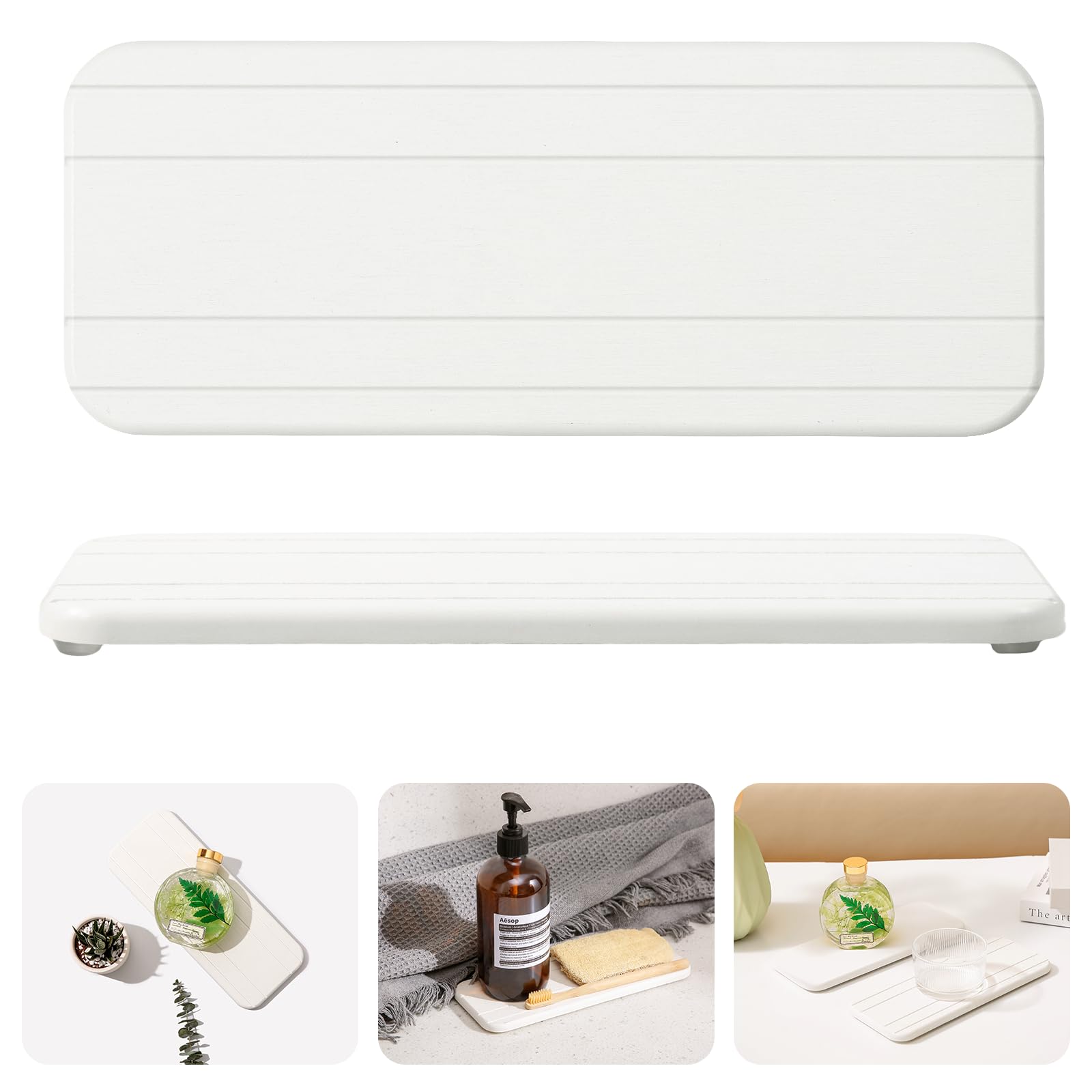 WALL QMER Fast Drying Stone Soap Tray, 9.9'' × 4'' Stone Drying Tray & Toothbrush Holders for Bathroom Counter