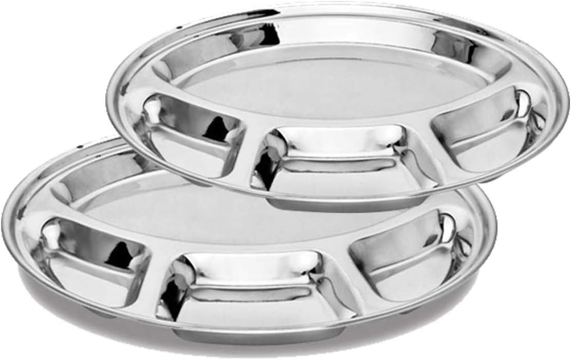 Lowest Price Khandekar Pack of 2 Stainless Steel Round Dinner Plate with 4 Compartment, Food Divided Plate, Cafeteria Mess Tray, Steel Section Plates for Hiking, Camping, Picnic - Silver, 11.5 inch