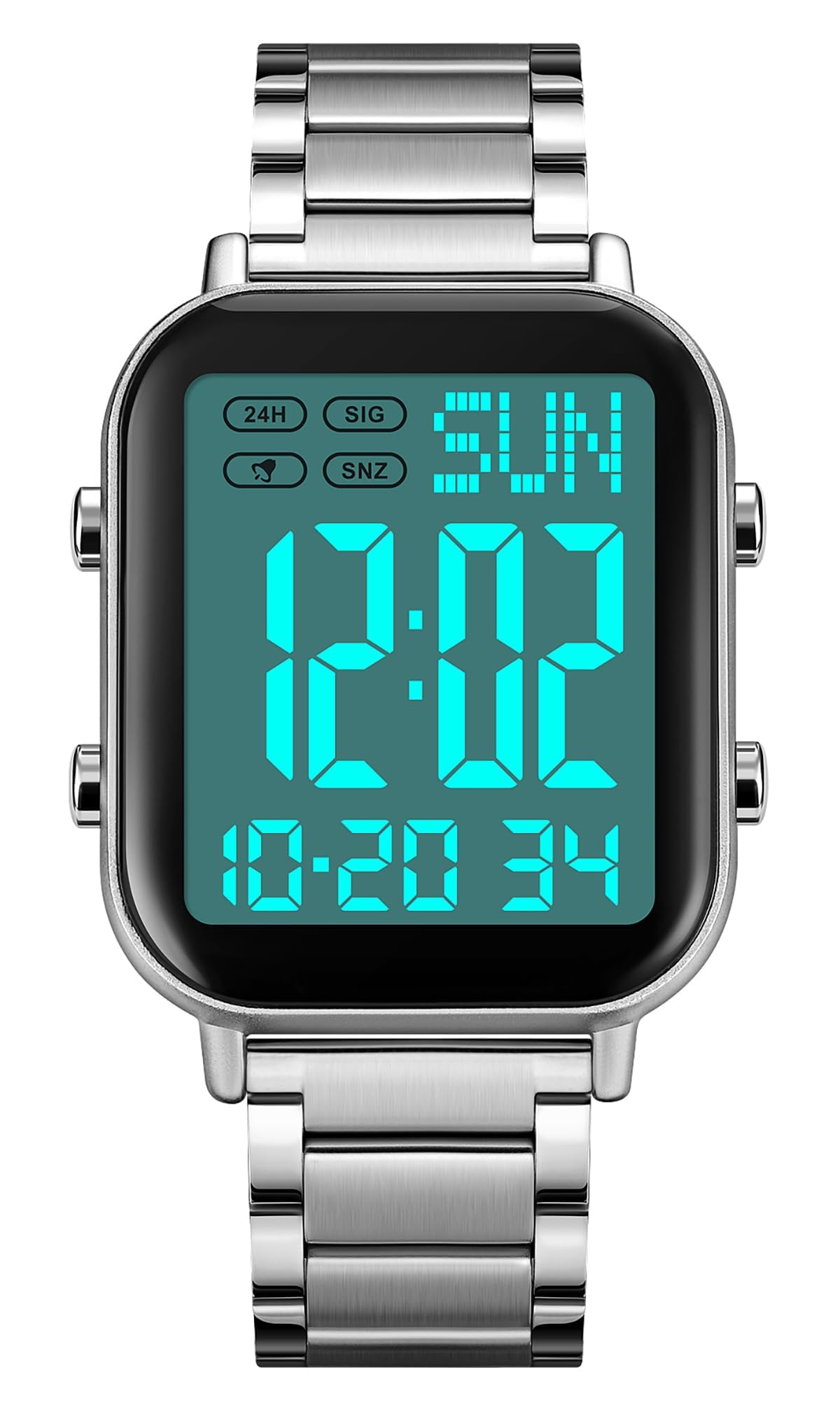Gosasa Orologio digitale quadrato da uomo, con display con numeri grandi, multifunzione, cinturino in acciaio inox, impermeabile, elettronico, luminoso, orologio da polso