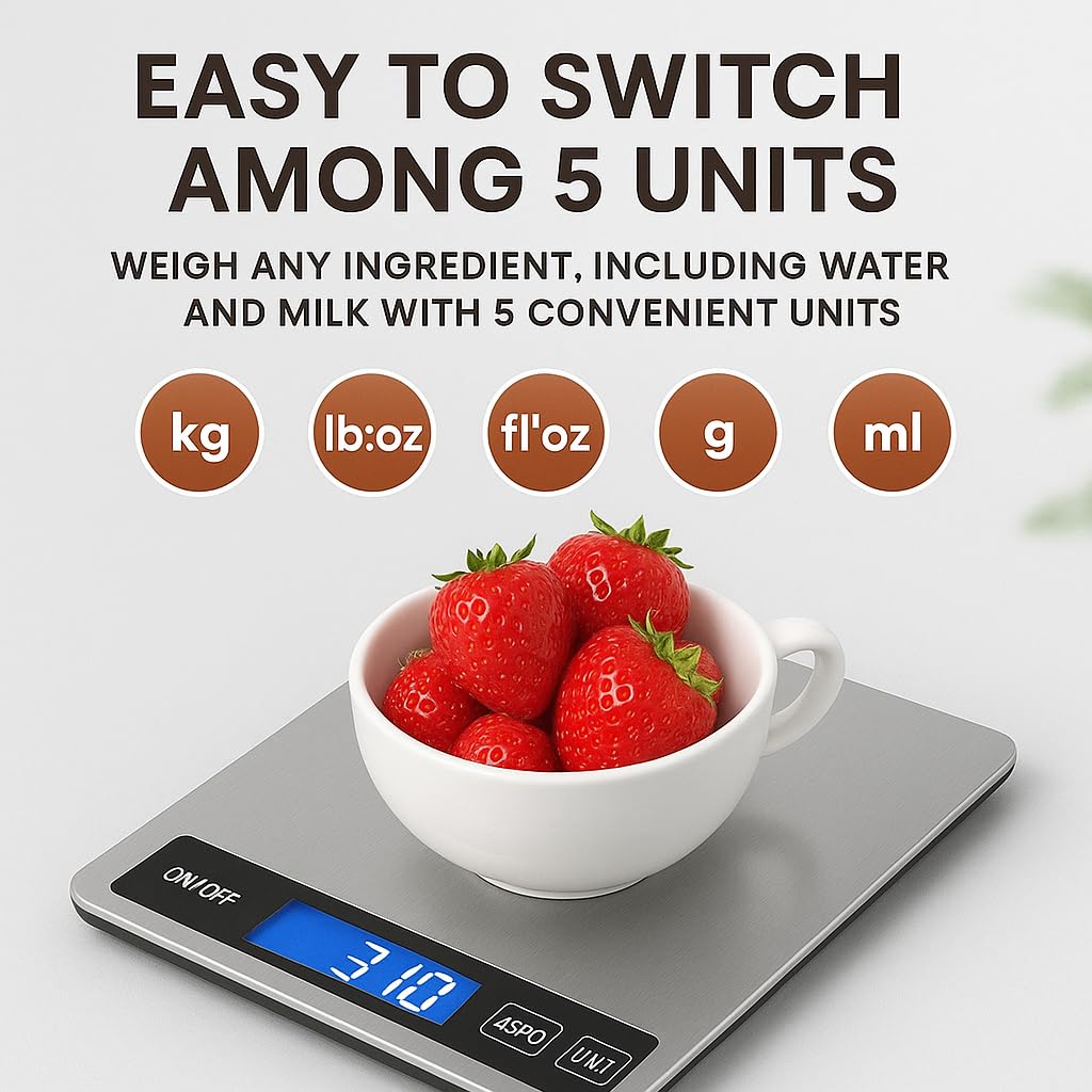 Digital Kitchen Scale 5kg/11lb – Food Scale with LCD Display, Zero Button, 6 Units, Stainless Steel Surface – 1g Precision, Battery Powered – for Cooking, Baking, Meal Prep