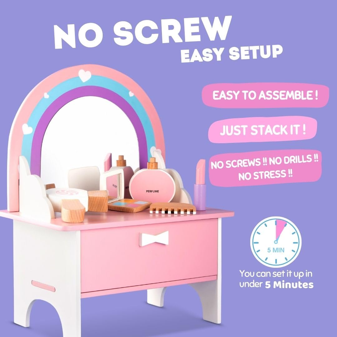 Cots and Cuddles Wooden Dressing Table Playset for Kids | Pretend Play Makeup Set with Wooden Hair Dryer, Perfume, Lipstick, Comb & Mirror (Age 3+) - Image 2 thumbnail
