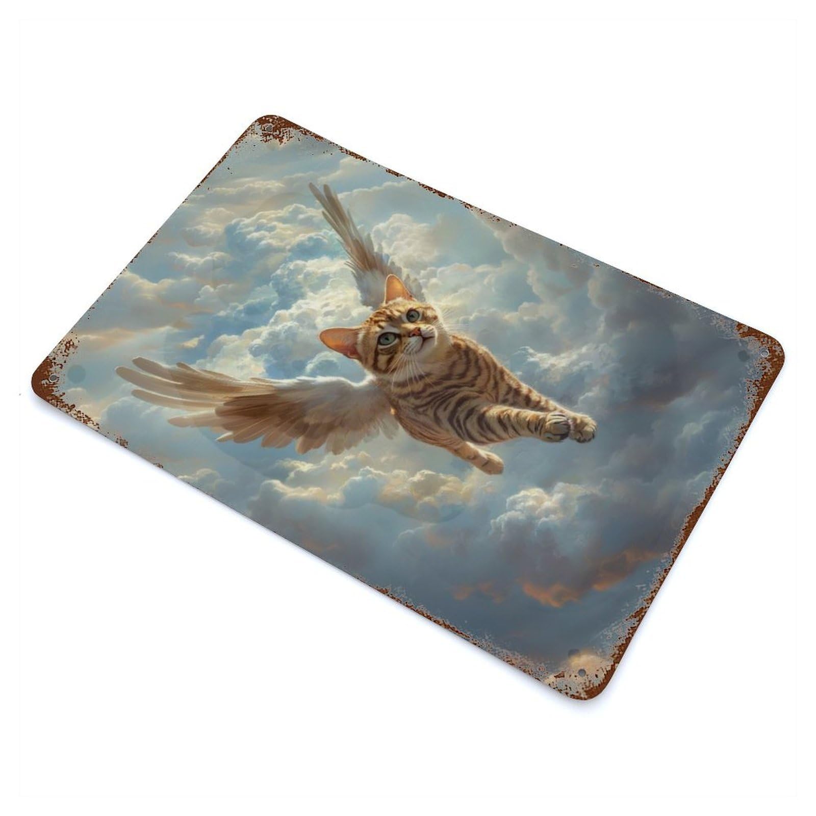 Retro Metal Sign with Flying Cat with Wings Bengal Cat Angel Design 11.8"x7.9", for Living Room, Hallway And Home Decor, Farmhouse Wall Decor