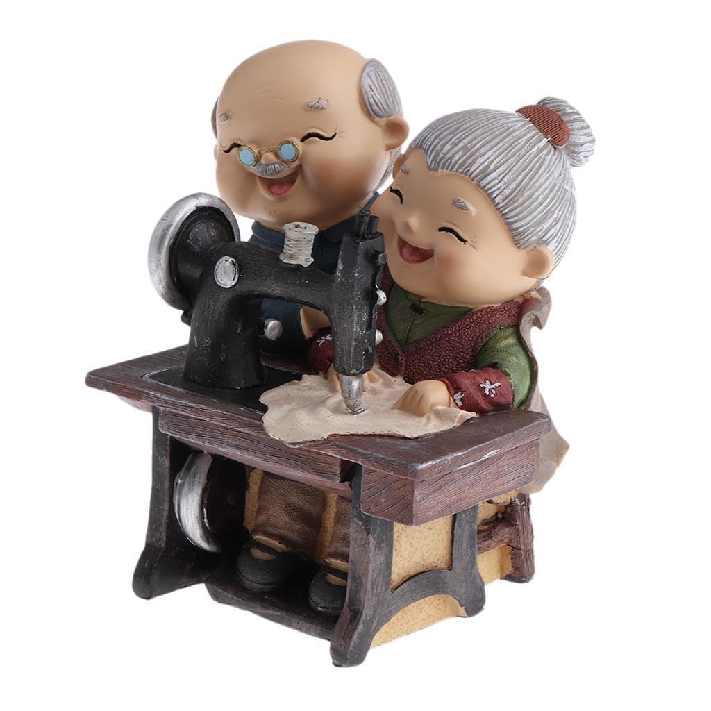 ALCXAZS Adorable Resin Happy Elderly Couple Figurine Classic Old Age Life Home Decor Grandparents for Creative, Sewing Machine
