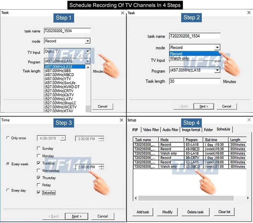 Screenshot of the TVR software showing a channel list and EPG button, with a weather forecast on the main screen.