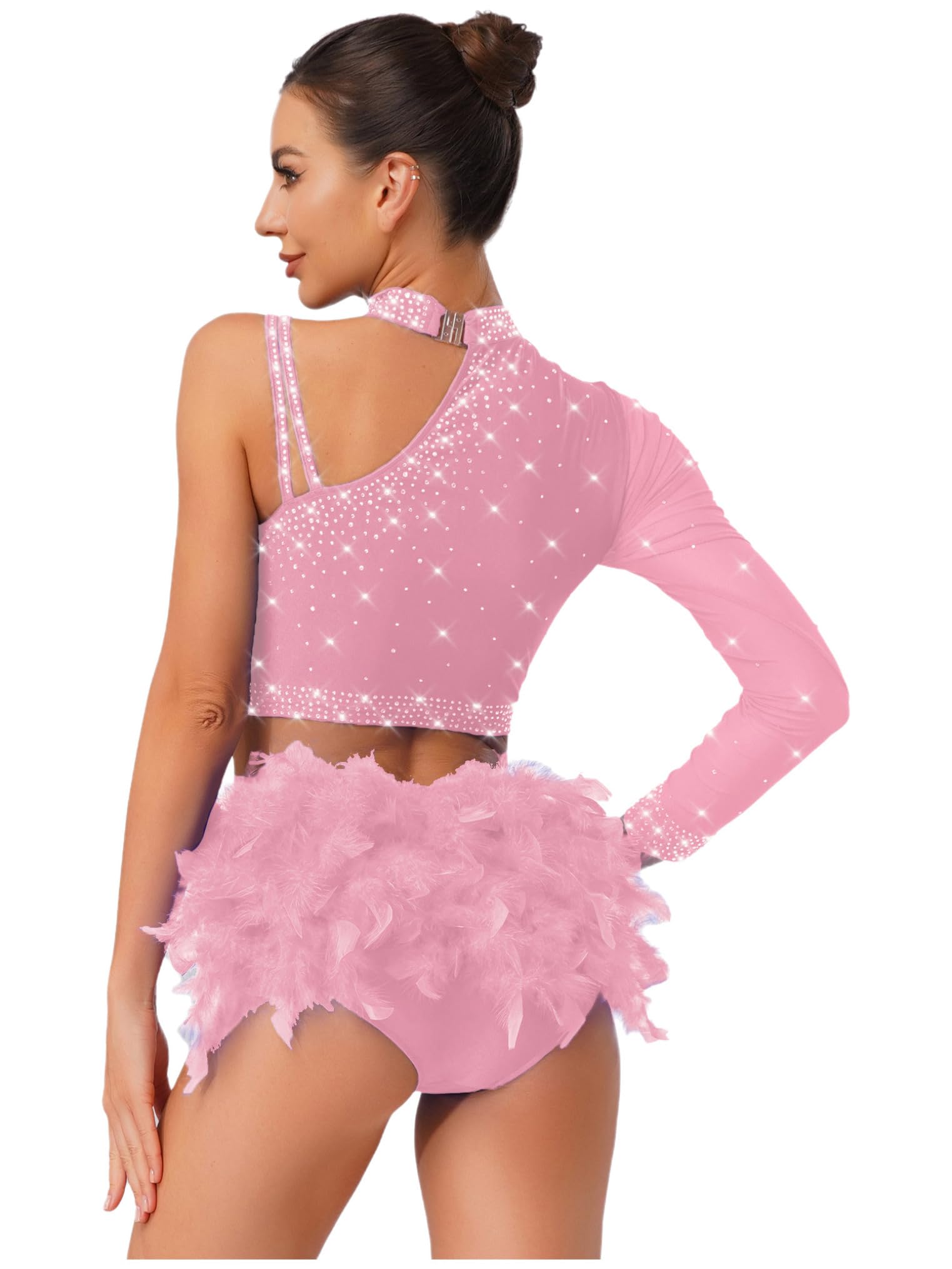Freebily Abito da Ballo Latino Americano Donna Completo da Pattinaggio Artistico con Strass Crop Top Danza Classica Moderna Monospalla + Minigonna di Danza Dancewear