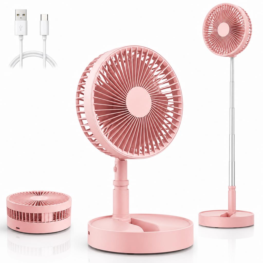 GALER Portable Standing Fan, Foldable Pedestal Fan with 4 Speed, Rechargeable Fan Cordless, 7200mAh Battery Operated Folding Desk Table Floor Fans for Bedroom Office Camping Travel, 8 Inch (Pink)