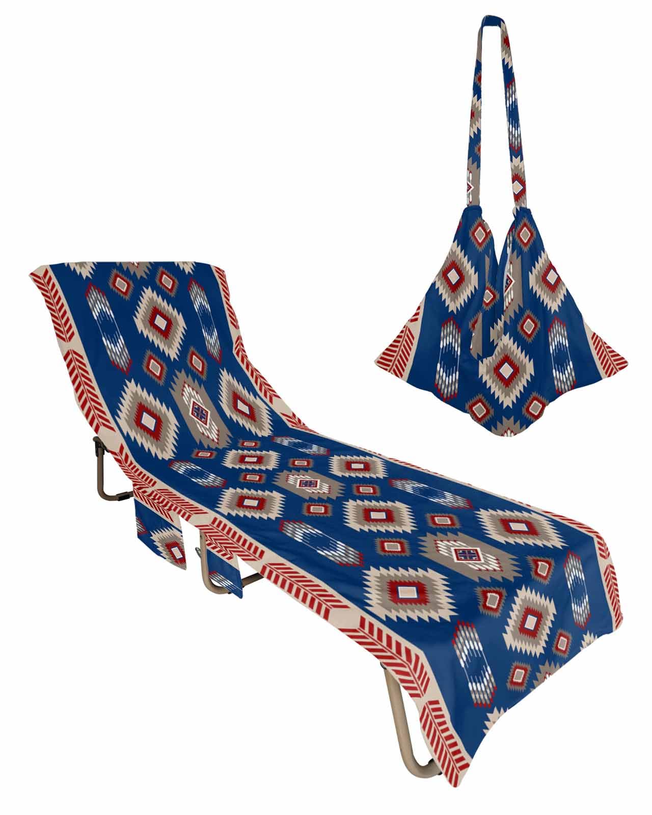 Southwestern Navy Blue Beach Lounge Chair Towel Cover, Soft Chaise Lounge Towel with Side Pockets Patio Pool Chairs Cover for Beach/Pool Sunbathing 29x85 Traditional Stripe Native American Indian