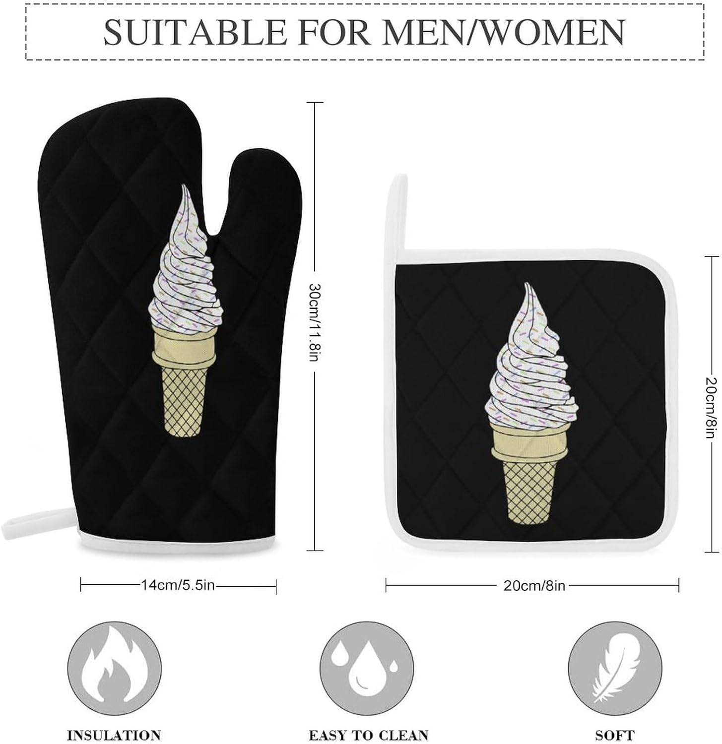Ice Cream Cone Print Oven Mitts and Pot Holders 3 Piece Sets Heat Resistant Gloves Hot Pads Potholders for Kitchen Baking Cooking
