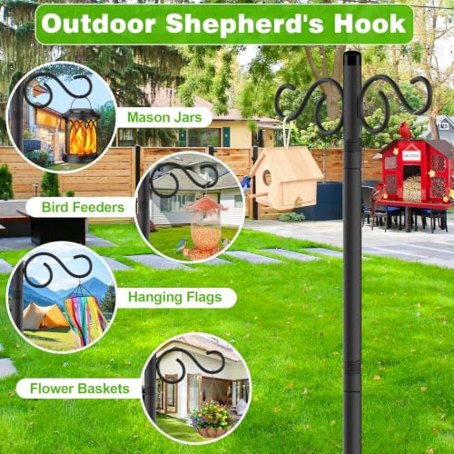 Image of RCUICA Double Shepherds Hooks for Outdoor,2 Pack 110Inch Bird Feeder Pole with 5 Prongs Base,Heavy Duty Shepherds Hook,Suitable for Garden in Hanging Flower Basket,Lantern,Bird Nests (110 inch)