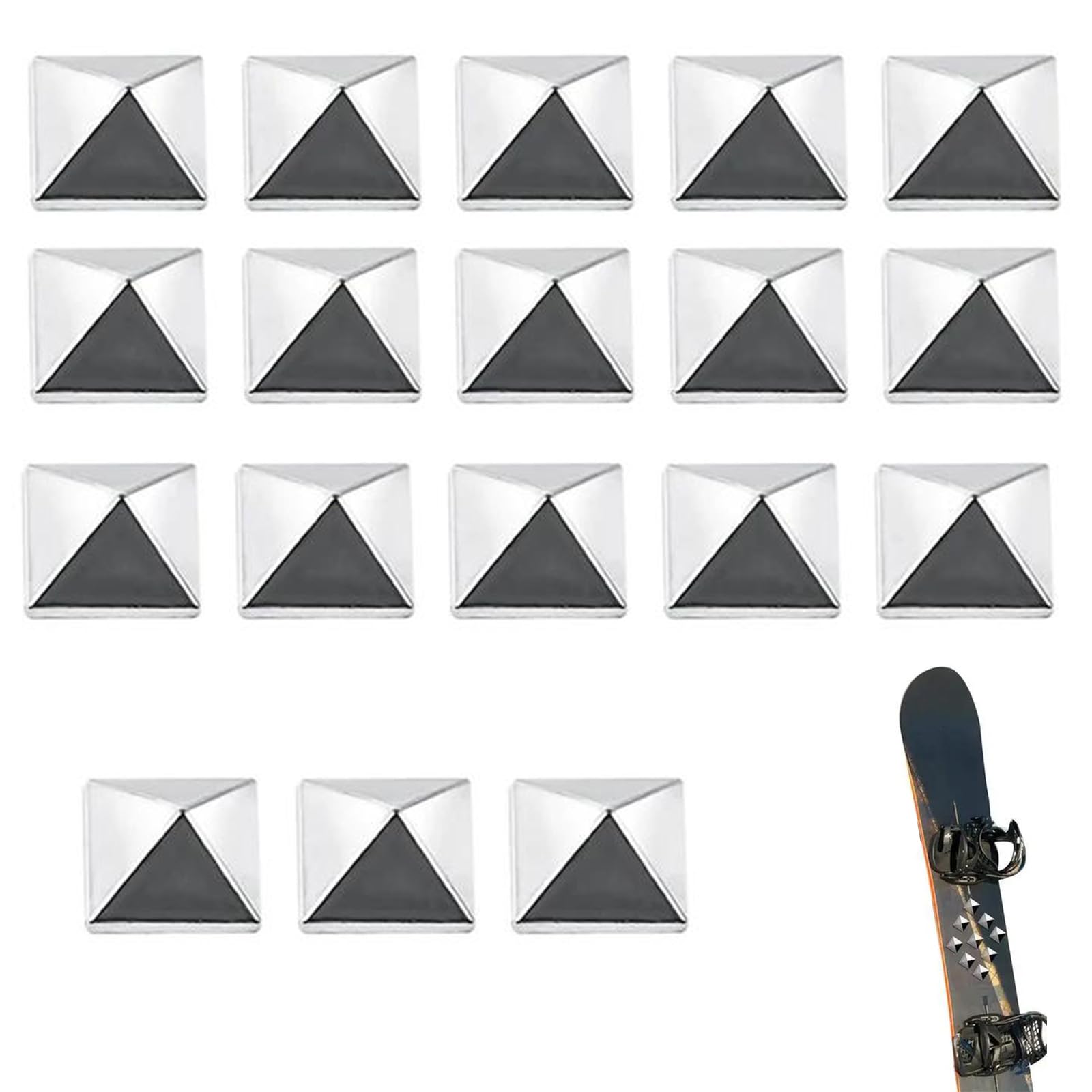 Tokaneit Cuscinetti per Lo Snowboard 18 Pezzi Argento Autoadesivo Piedini per Snowboard a Forma di Piramide,Antiscivolo per Sci Invernali,Tappetino Autoadesivo per Sci,Metallo Stomp Pad