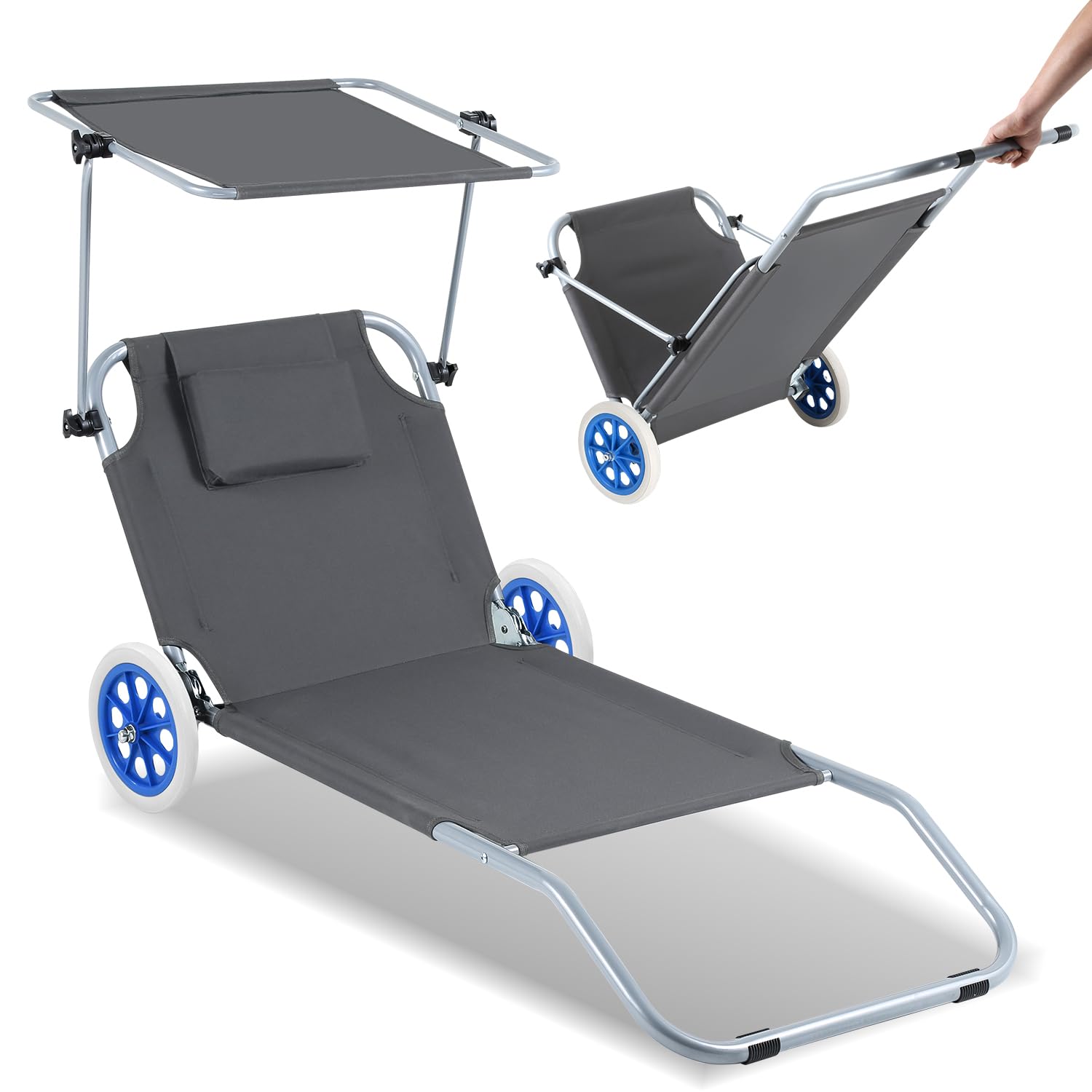Ansobea Tumbona con Techo Tumbona Plegable con Ruedas Tumbona de Playa Respaldo Regulable en 5 Posiciones Tumbona de jardín con Capacidad de Carga de 100 kg Tumbona de Camping para Playa o Piscina Ja