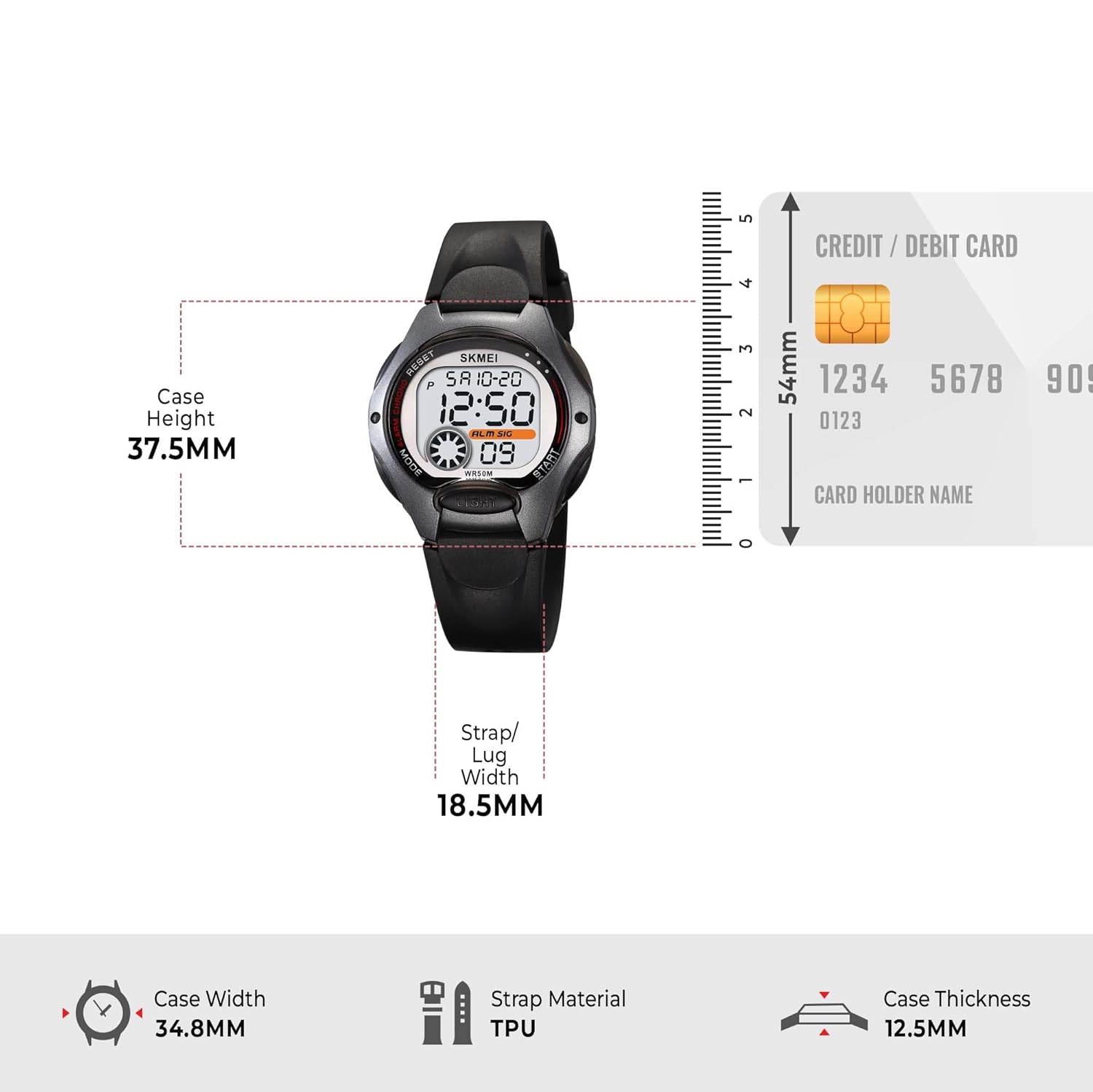Diagram showing the dimensions of the SKMEI 2129 watch: Case Height 37.5mm, Strap/Lug Width 18.5mm, Case Width 34.8mm, Case Thickness 12.5mm.