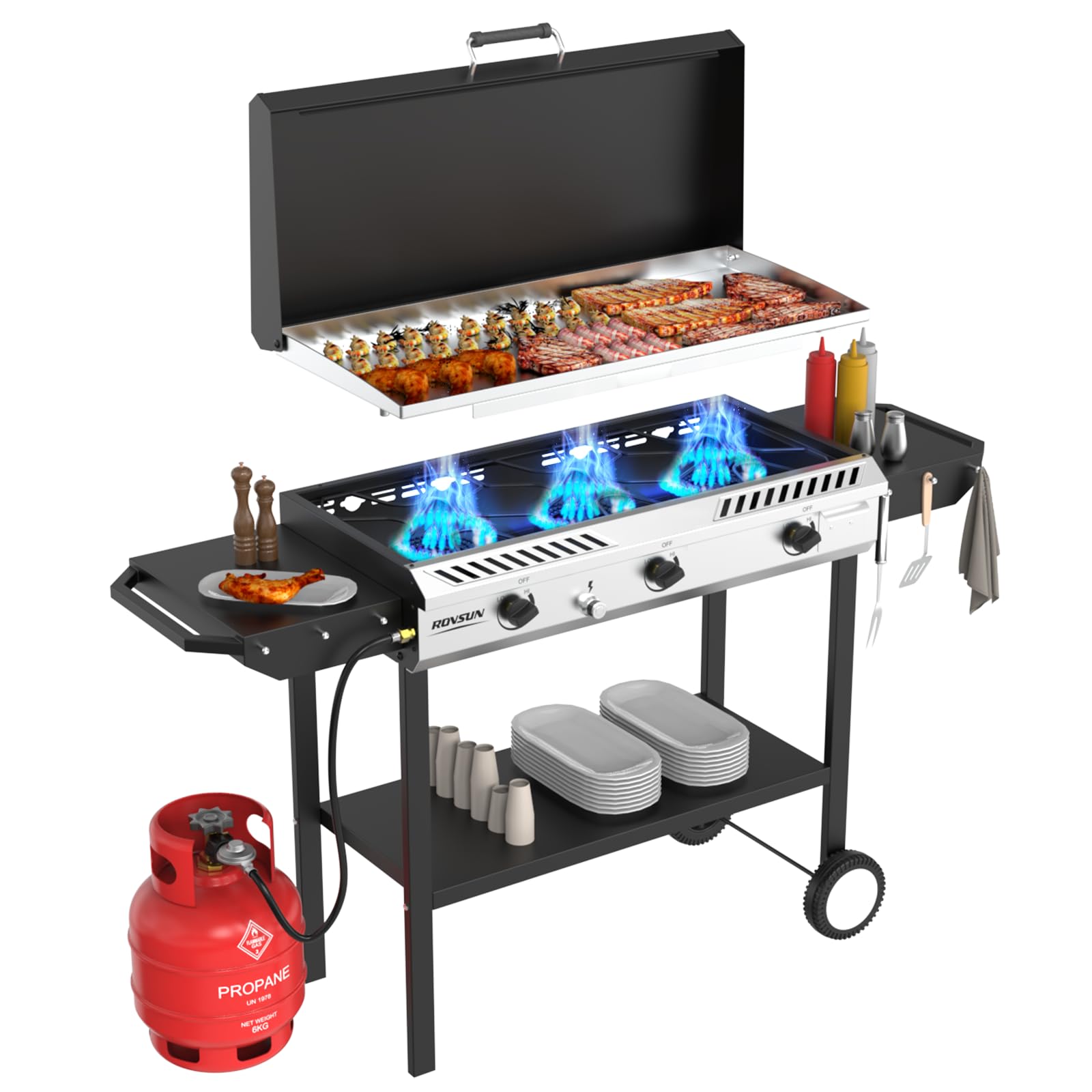 ROVSUN three burner propane stove with griddle and side shelves