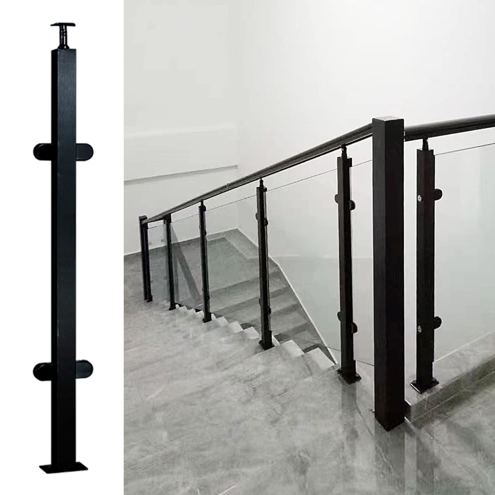 YNBSHGAA Black Glass Railing Post for Stairs, 95cm Mid Post for Decks & Pool Fencing, Durable Steel Balustrade Support, Ideal for Modern Staircases & Terraces
