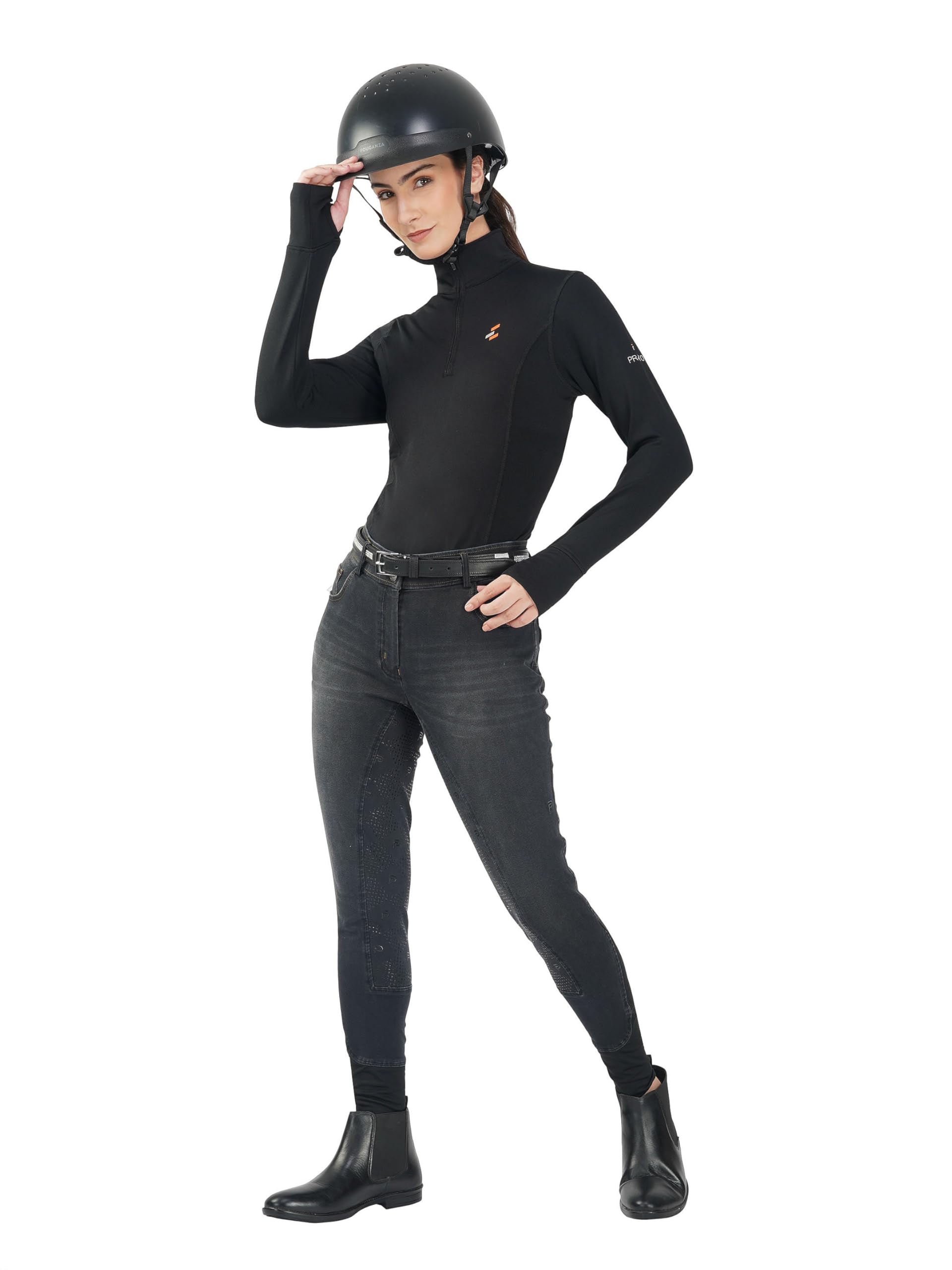 Preto Pantaloni da equitazione da donna in denim di alta qualità, con seduta completa, impugnatura in silicone, morbidi ed elastici, pantaloni da equitazione con tasche