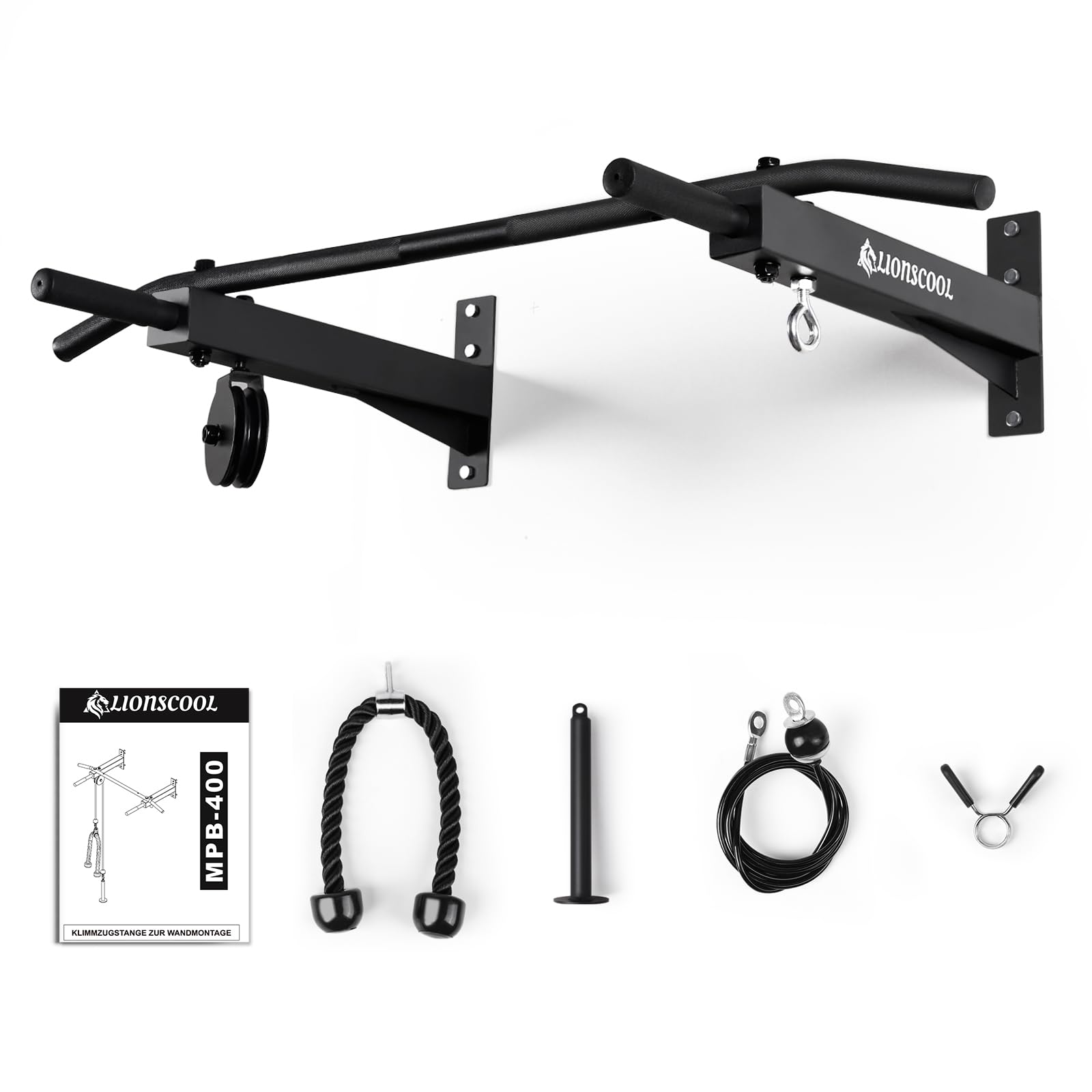LIONSCOOL Klimmzugstange Wand mit Seilzug-System, Mehrgriff-Klimmzugstange mit Kabelzug, Pull Up Bar mit Kabelzug-System, ideal für das Heim-Fitnessstudio