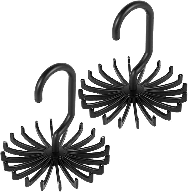Pretty Kaurv 2Pcs Tie Holder 360° Rotating Tie Hanger with 20 Hooks Belt Hanger Adjustable Tie Rack Organizer for Cupboard Wardrobe Storage Scarf Chain for Men Women (Black)