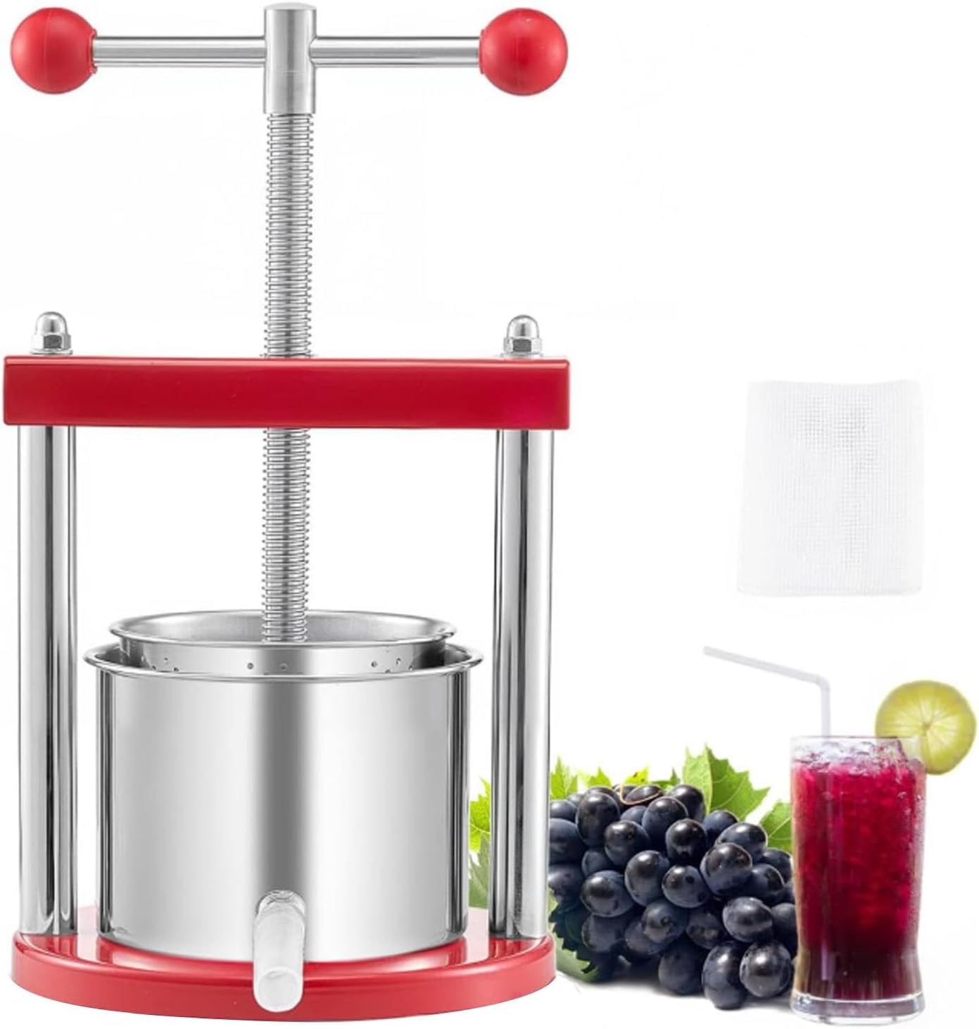 Fruit Press Wine Press Steel Stainless Steel Basket Fruit Press Berry Press, with Heavy Duty Base for Making Wine or Juice 6L/1.6Gal