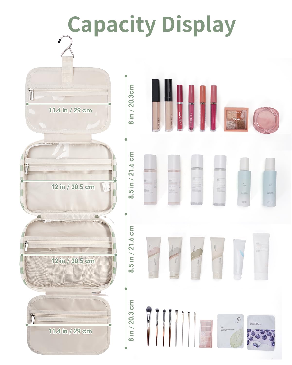 Narwey Large Checkered Hanging Travel Toiletry Bag for Women Wash Bag Cosmetics Makeup Bag Organizer for Full Size Accessories (Checkerboard Mint Green (Large)) - 5