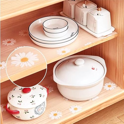 Miniatura 5 de Forro para refrigerador, estante y cajón para tapete de gabinete de cocina, no adhesivo, hojas y margaritas 17.7 x 78.7 pulgadas, 2 rollos