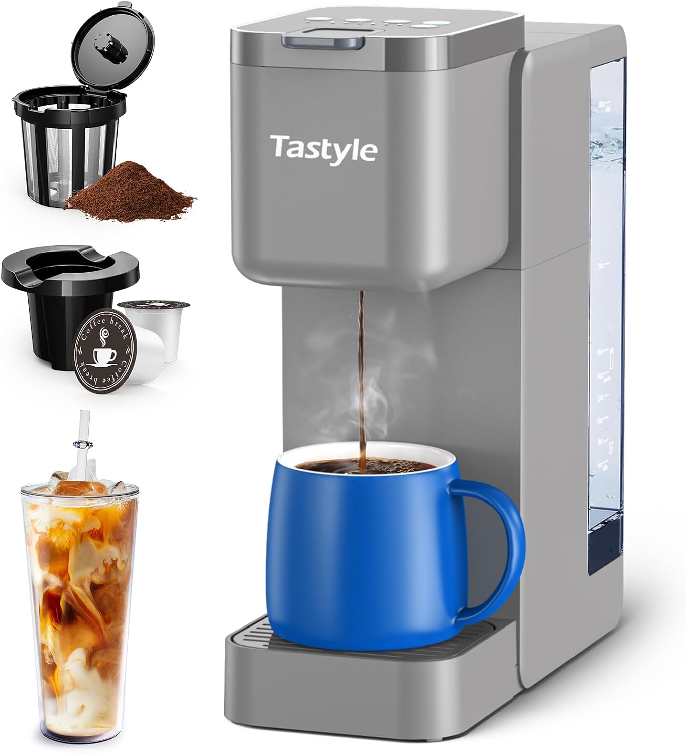 Hot and Iced Coffee Machine, Single Serve Coffee Maker for K Cup & Ground Coffee, One Cup Coffee Brewer for Home, Office, RV and Dorm, Brew 6 to 24 oz., Gray