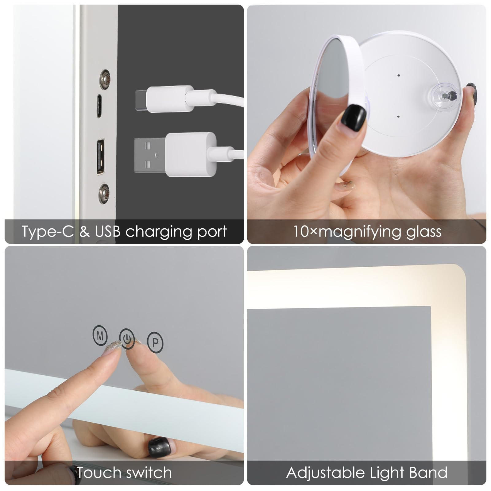 MAMIZO Schminkspiegel mit Beleuchtung, 50X40cm, Mit USB und Typ-C, Kleiner Hollywood Spiegel,10x-Lupe, 3 Farbtemperaturen, Wandspiegel, Tischspiegel, mit Touchscreen-Steuerung, Spiegel mit licht