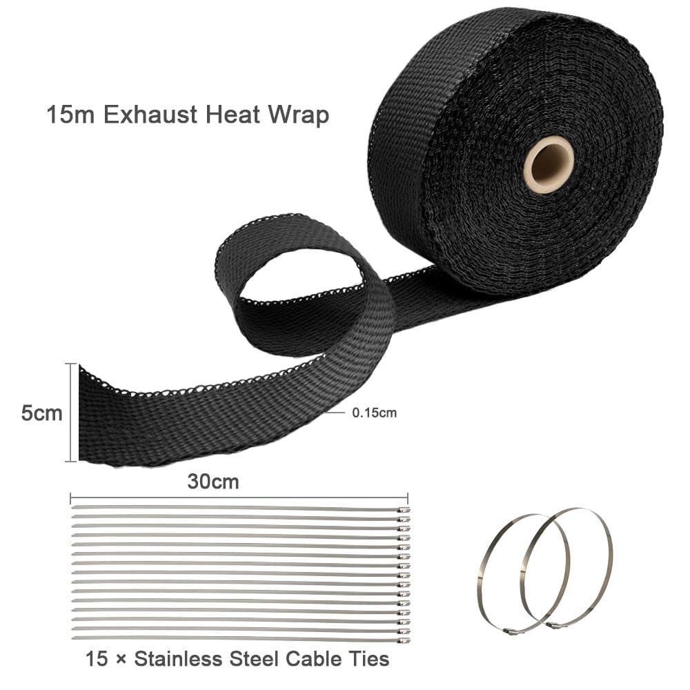 Benda Termica Scarico Moto 15m, Nastro Isolante Termico in Fibra di Vetro per Auto con 15pcs 30cm Fascette Acciaio Inossidabile, Benda Termica per Tubi di Scarico Auto e Moto
