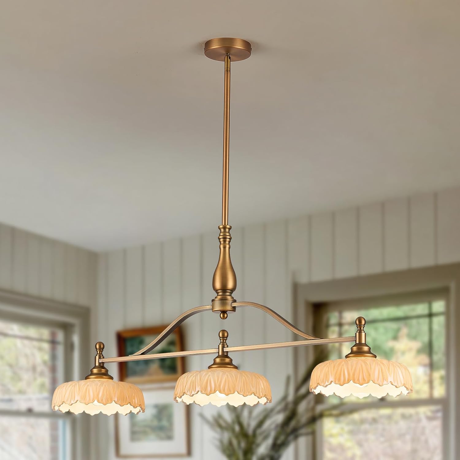 HDDFL Chandeliers Pendant Light Fixture Vintage Pendant Lighting Fixtures 3 Lights Chandelier Kitchen Glass Hanging Lamp for Island Dining Living Room Brass and Brown