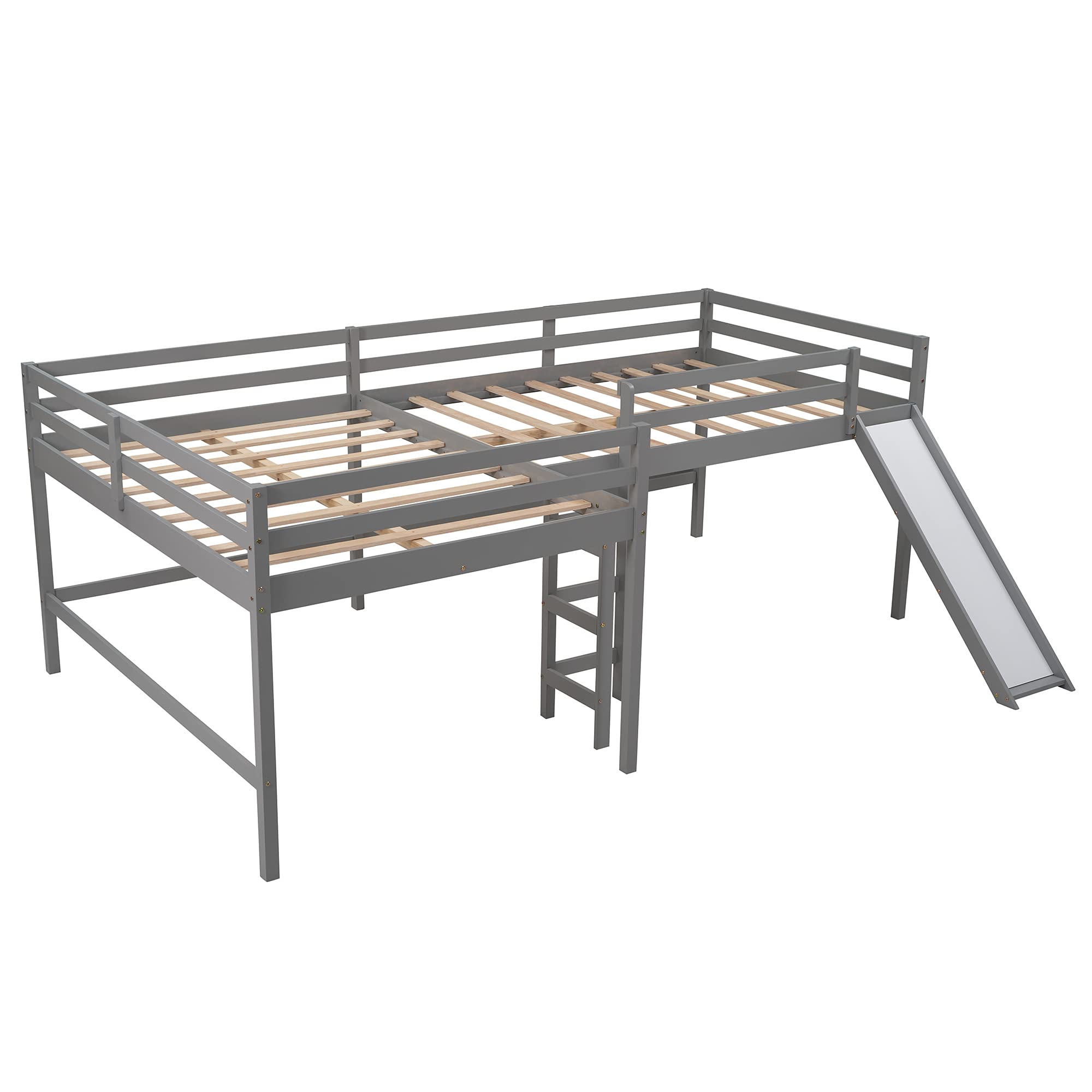 Full Loft Bed with Slide , LShaped Loft Bed Full Size for Kids, Wood Full Loft Bed Corner Bed