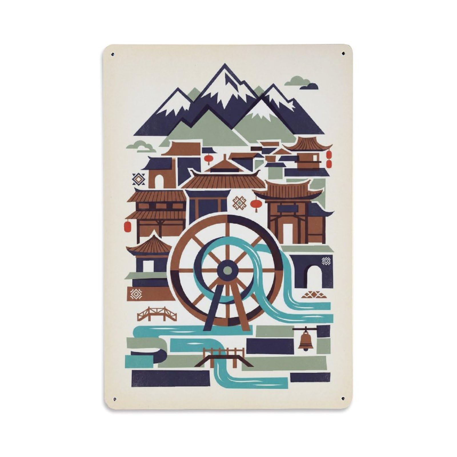 Okngb Style Landmark Graphic Travel Lijiang China Illustration Metal Tin Sign Plaque Wall Decor For Cafe, Man Cave, Club Bar, Office, Home Garden Round Metal Poster 8X12inch