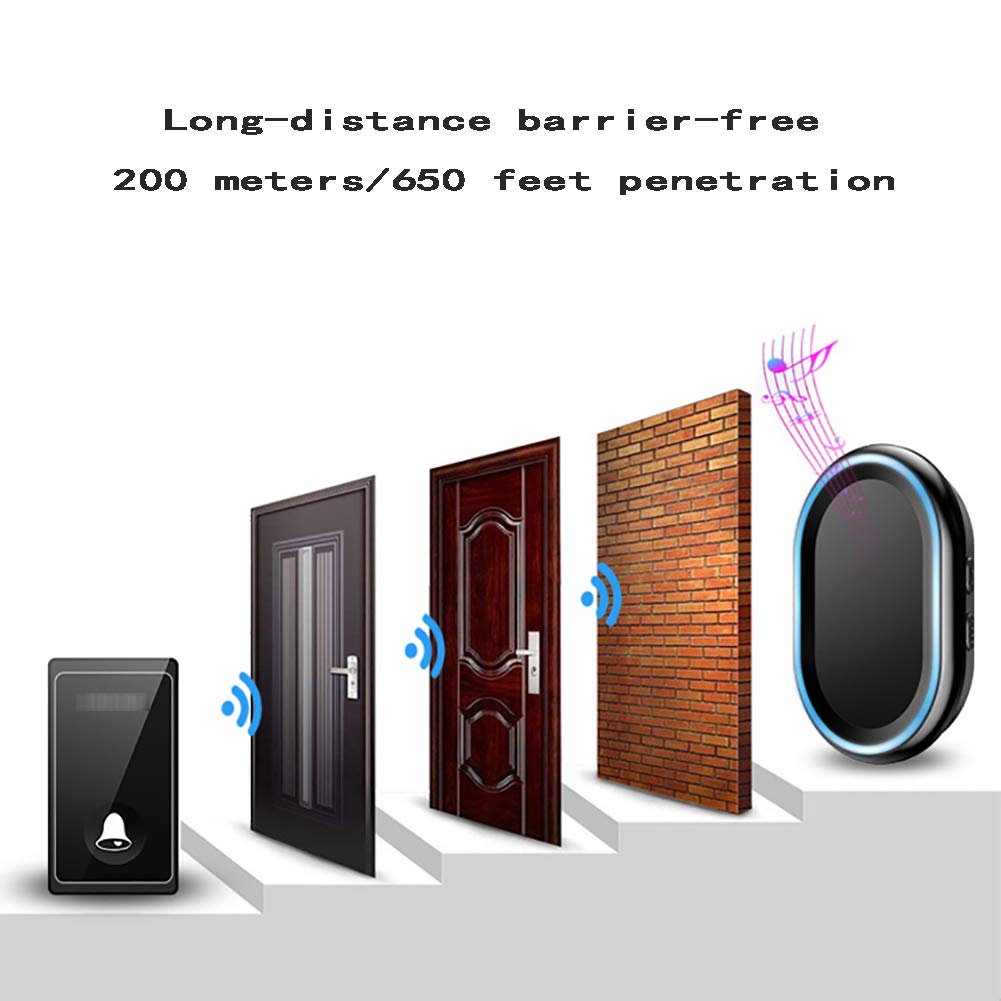 Sonnette sans fil, carillon de porte étanche IP44, 3 boutons poussoirs et 3 récepteurs enfichables avec lumière flash bleue, 4 niveaux de volume réglables, 58 mélodies, convient pour la maison(2